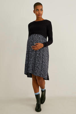 C A Gebloemde Zwangerschaps En Voedingsjurk Zwart Lichtblauw Zwart