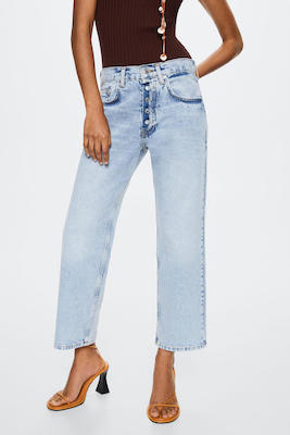 Mango Cropped Low Waist Straight Fit Jeans Blauw