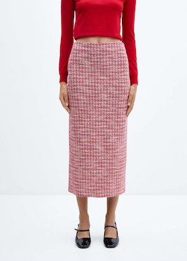 Mango Tweed Midi Rok Met Pied De Poule Roze Roze 8445922909482 