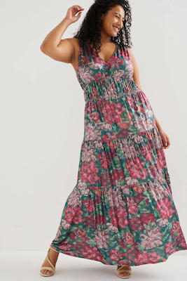 We Fashion Curve Gebloemde Maxi Jurk Met Open Rug Groen Roze