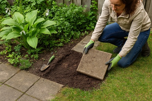 Vrouw Haalt Tegel Weg Voor Groene Tuin