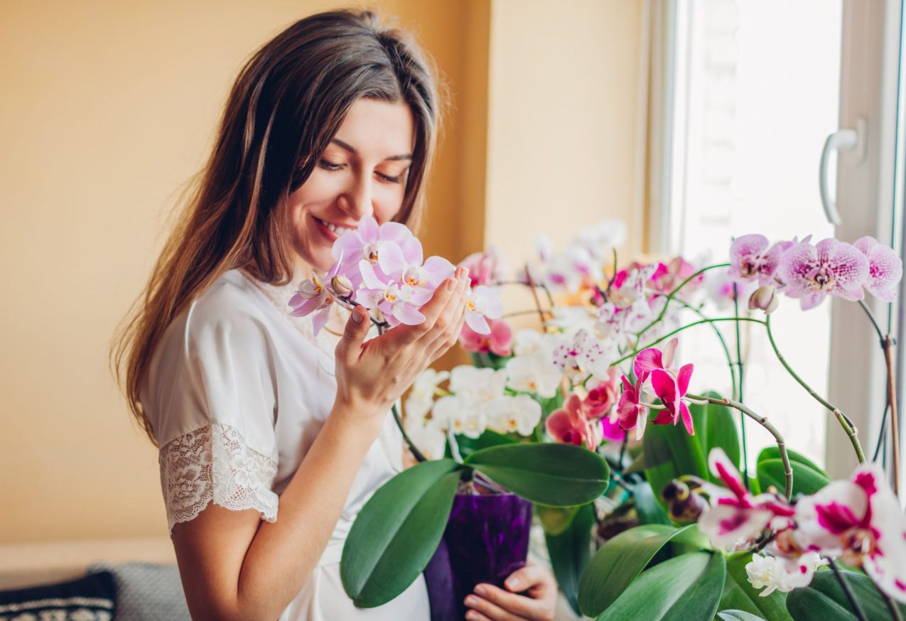 vrouw ruikt aan Vrolijke Kamerplanten