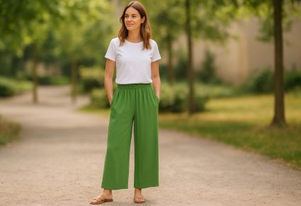 Vrouw in park met Wide Leg Broek Hema