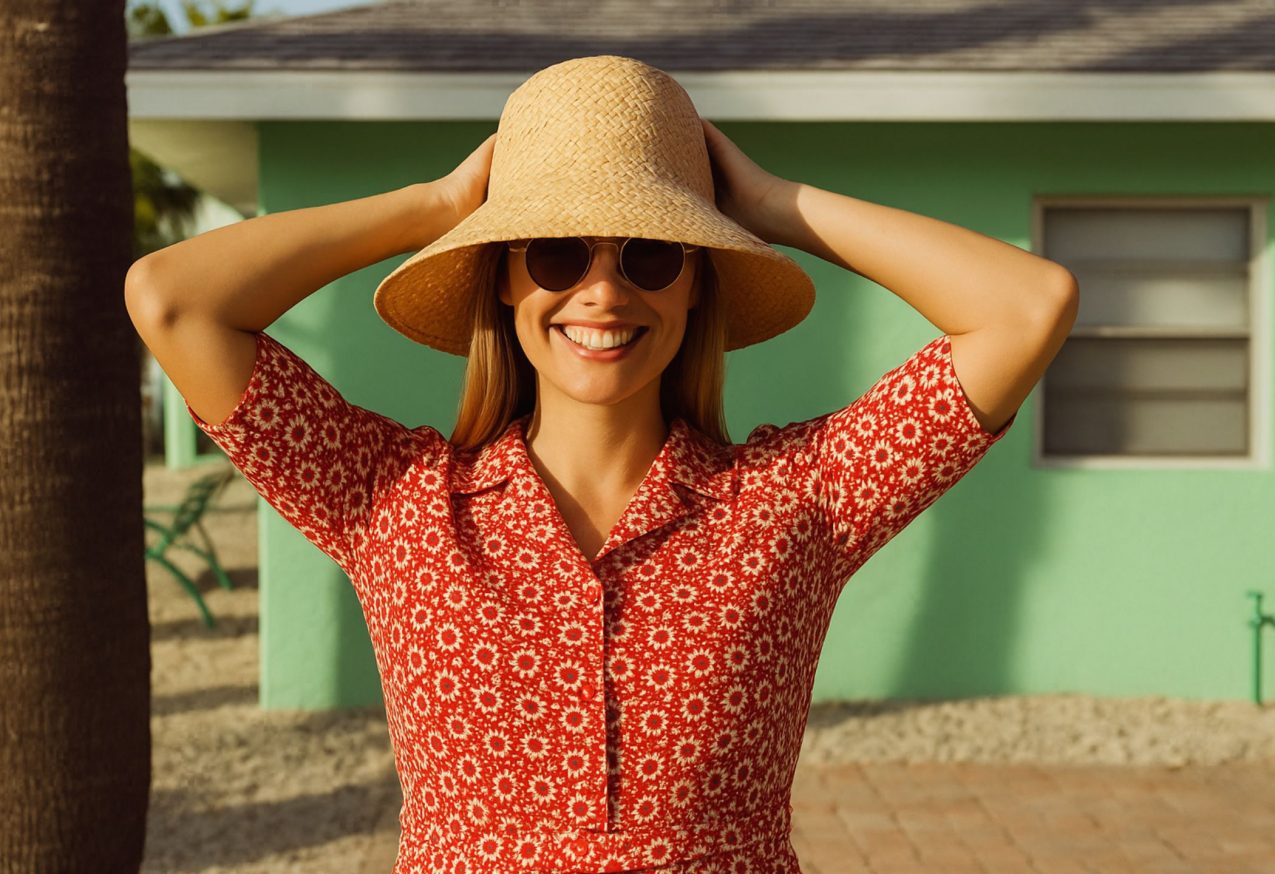 Zomerjurken Van Topvintage - vrouw op strand met zonnebril op, hoed op en retro jurkje aan