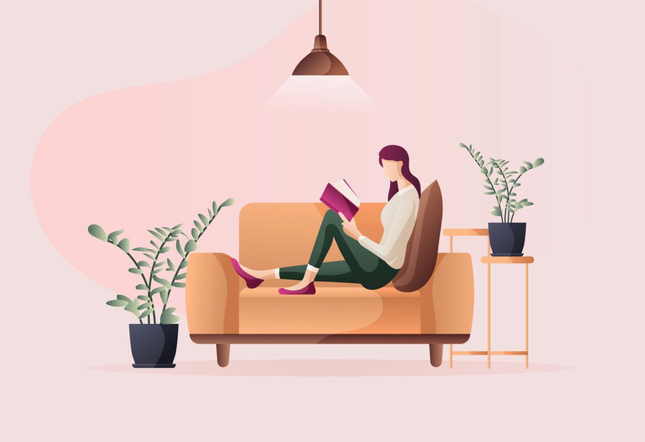Boek Mentale Schijf Van Vijf; illustratie van vrouw die leest, roze achtergrond