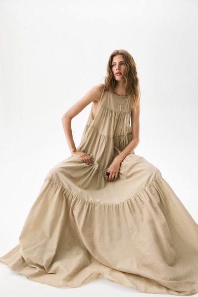 Strokenjurk Met Strikbandjes Lichtbeige