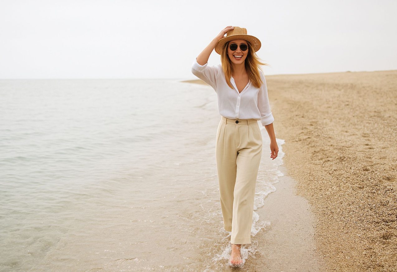 vrouw op strand met Ultieme Linnen Broek van hema aan