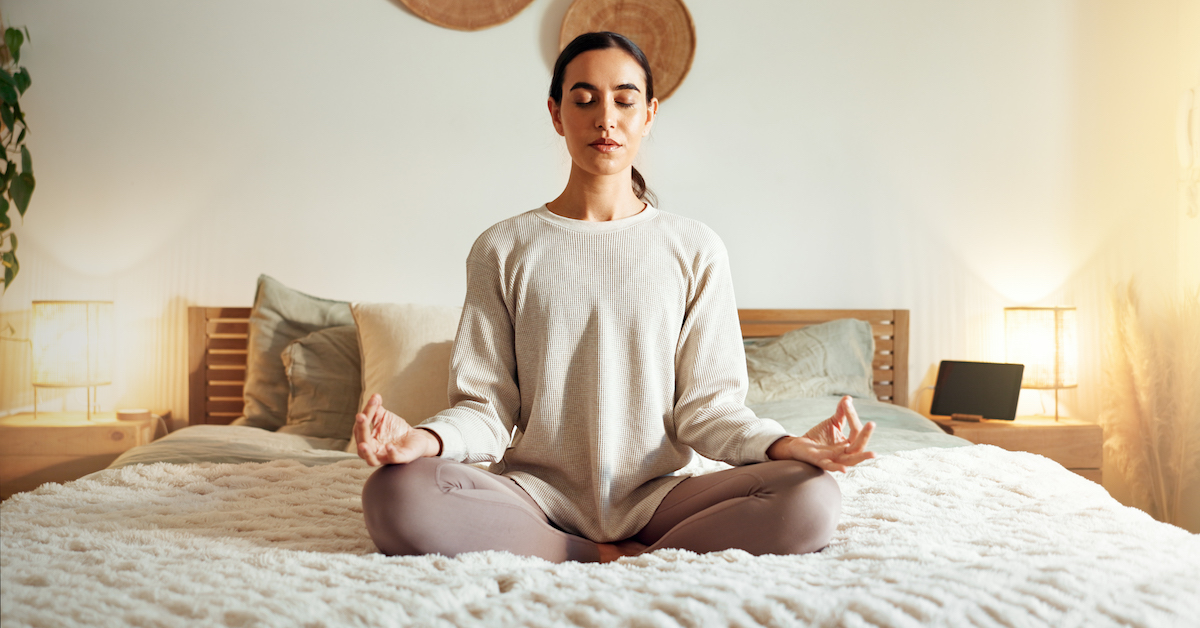 Calm, Meditation And Woman In Bedroom, Peace And Relax On Bed, Spiritual And Enlightenment In House. Mindset, Zen And Emotional Health With Chakra, Wellness And Person In Morning, Breathing And Home