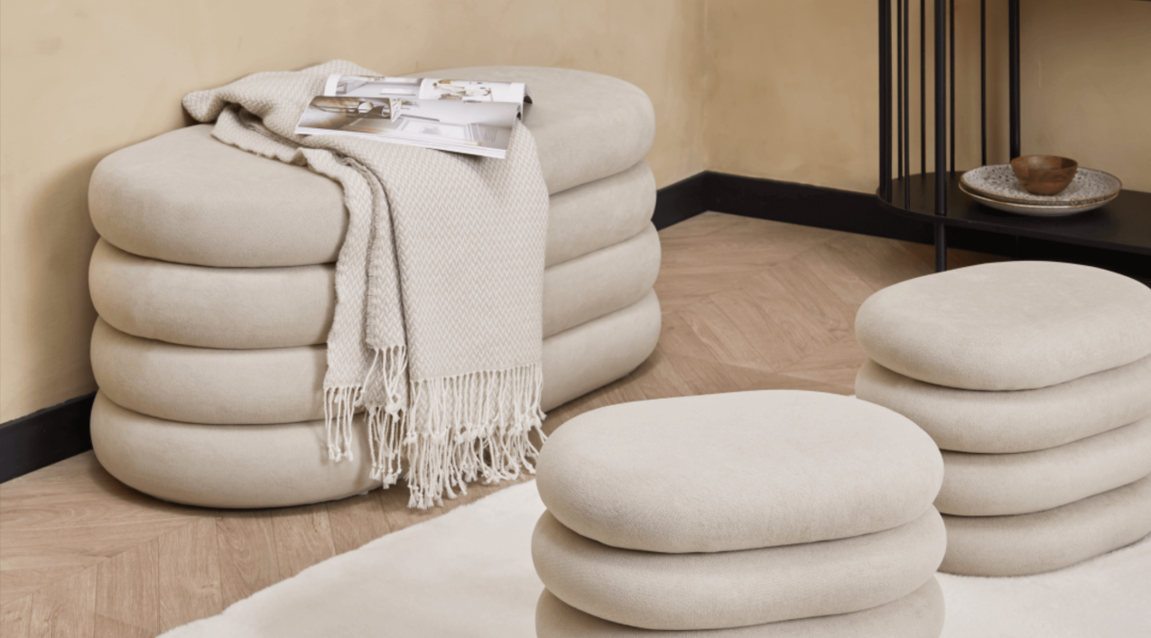 Chenille Opbergbankje Met 2 Poefen