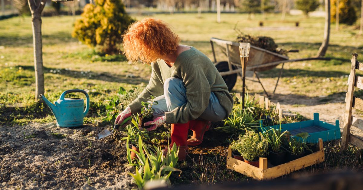 Vrouw is in de tuin bezig - tuinieren in maart